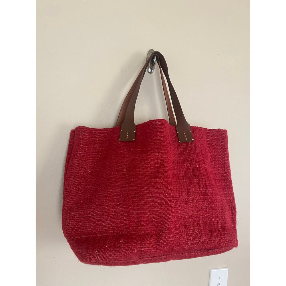 J.Jill jute tote red leather handles interior pocket boho beach summer carry on